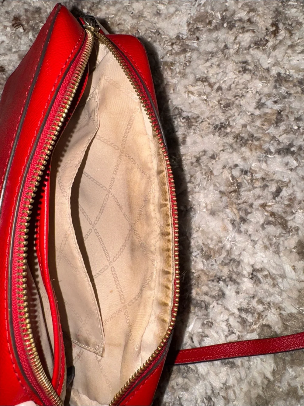 Michael Kors Red Saffiano Leather Crossbody Camera Bag with Gold Chain